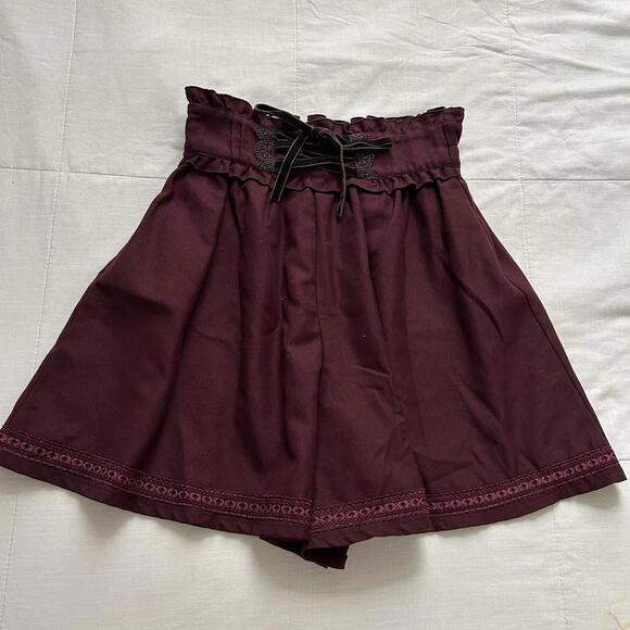Axes Femme Burgundy red pleated culotte shorts with lace up and ribbon detailing - Picture 1 of 6